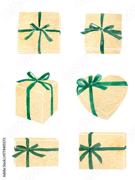 Obraz リボンをかけたギフトボックス　水彩イラスト