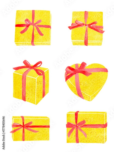 Obraz リボンをかけたギフトボックス　水彩イラスト