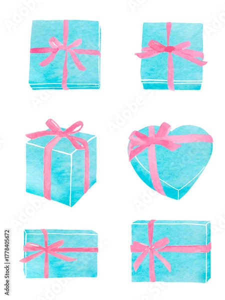 Obraz リボンをかけたギフトボックス　水彩イラスト