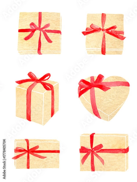 Obraz 赤いリボンをかけたギフトボックス　水彩イラスト