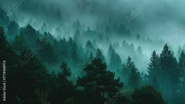 Fototapeta Mystical Forest Illuminated by Soft Sunbeams in Morning Mist