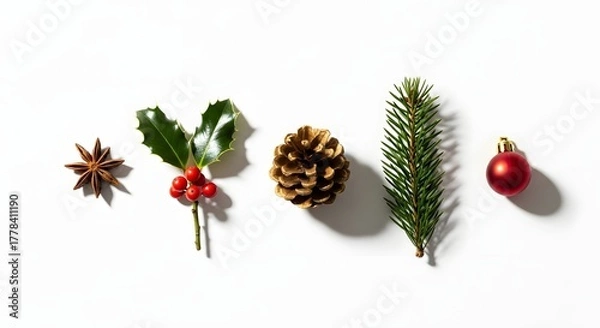 Fototapeta Festive christmas decorations arranged on a white background