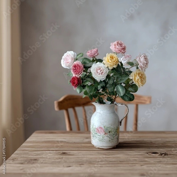 Fototapeta Colorful roses in rustic pitcher sit on a wooden table in soft light.