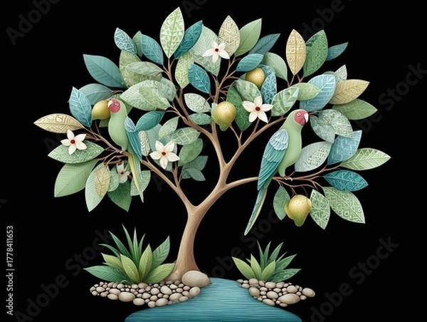 Fototapeta 8K resolution stylized digital illustration of a tree with parrots art.