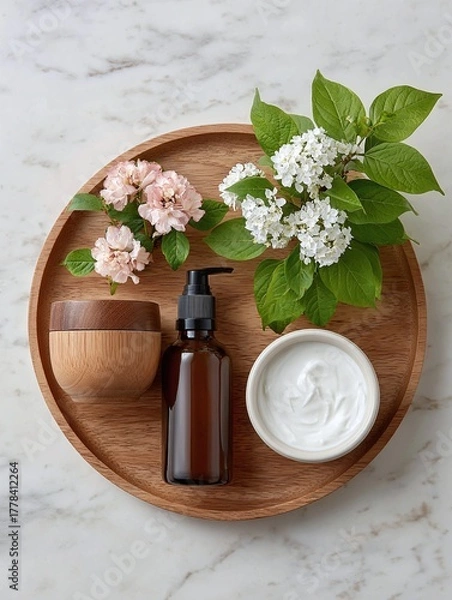 Fototapeta Highly detailed resolution shows skincare products with flowers on marble.