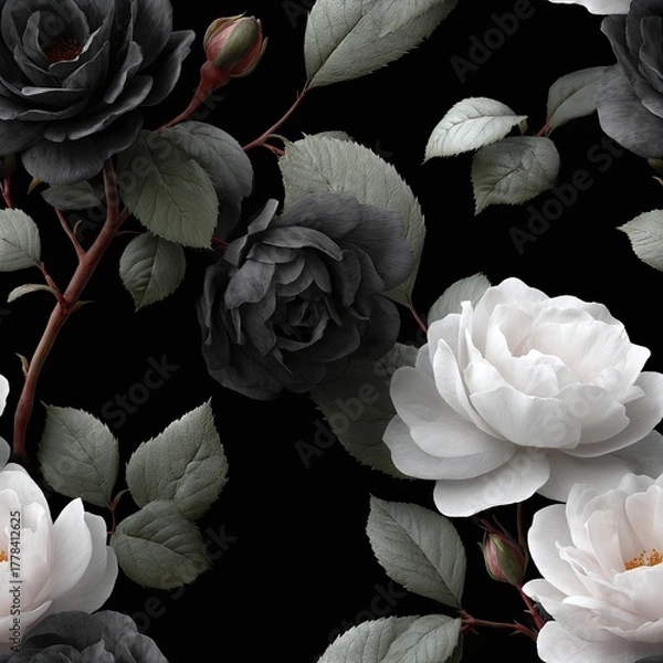 Fototapeta Seamless floral pattern features roses with delicate leaves on black background