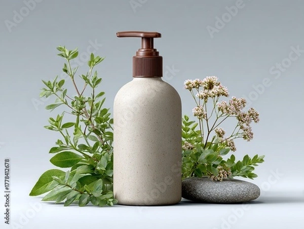 Fototapeta Beige dispenser bottle alongside fresh greenery and a stone on clean background.