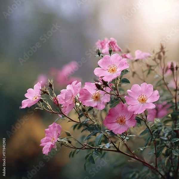 Fototapeta Delicate pink dog rose blossoms bloom softly on a flowe shrub branch.