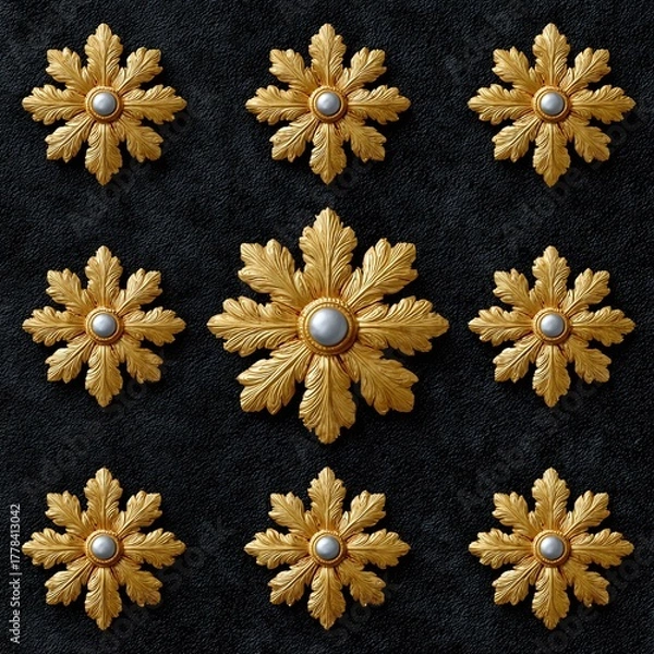Fototapeta Decorative gold rosettes are arranged symmetrically on a dark background.