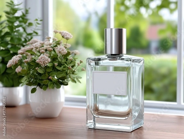 Fototapeta Rectangular perfume bottle sits on a wooden surface near a window indoors.