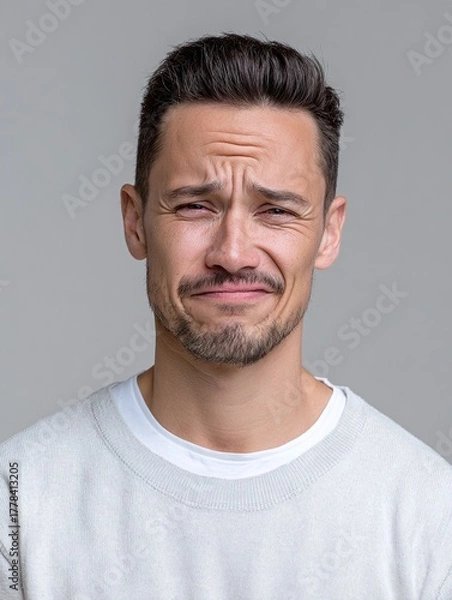 Fototapeta A young man with a grimace looks displeased and concerned in a studio shot.