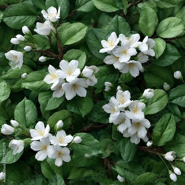 Fototapeta Beautiful mock orange shrub blooms with fragrant white flowers in sp.