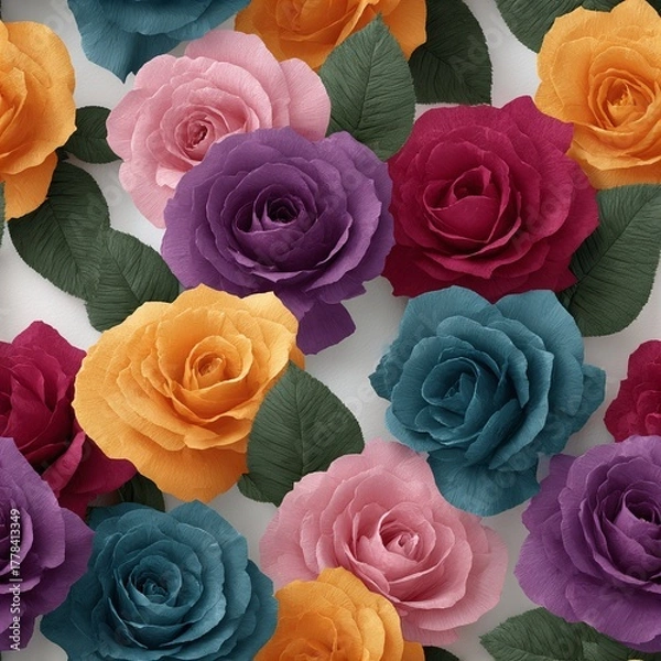 Fototapeta Beautiful colorful paper roses with green leaves create a floral pattern