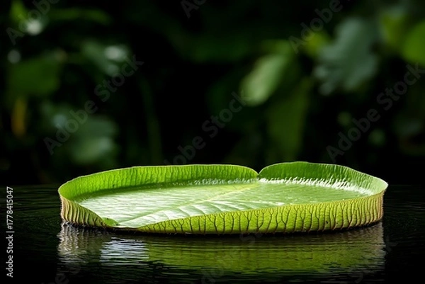Fototapeta Large green leaf floating on calm water surface in tranquil nature setting, serene beauty