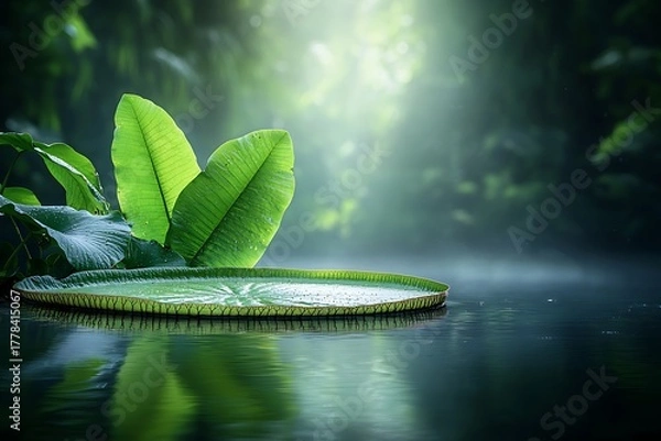 Obraz Tranquil Tropical Scene with Large Leaf and Still Water Surrounded by Lush Greenery