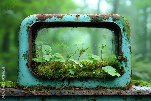 Obraz Greenery Through Rusty Window Frame in Lush Forest Setting Invoking Tranquility and Nature