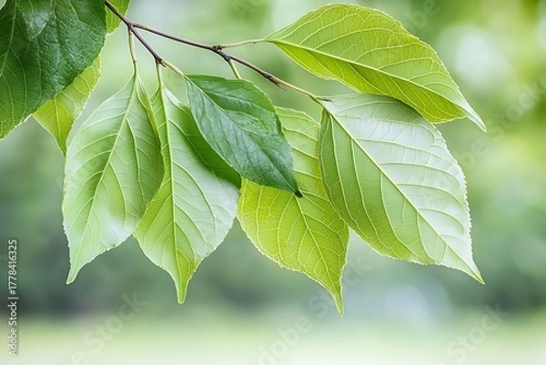 Fototapeta Fresh Green Leaves on Branch Against Soft Focus Nature Background in Spring Season