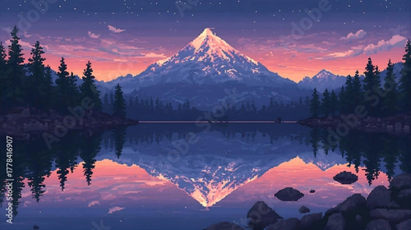 Fototapeta Pixel art mountain landscape reflecting in lake at sunset wallpaper 4k, generative ai