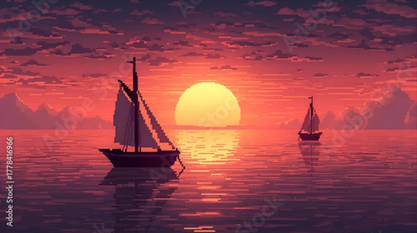 Fototapeta Sailboats on the sea at sunset in pixel art style wallpaper 4k, generative ai