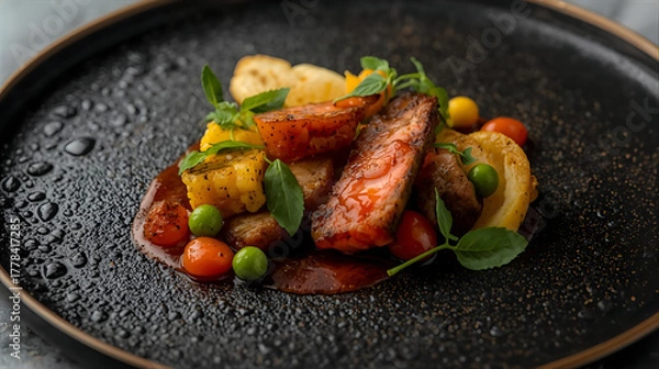 Fototapeta Gourmet pork tenderloin with vegetables and sauce on a dark plate wallpaper 4k, generative ai