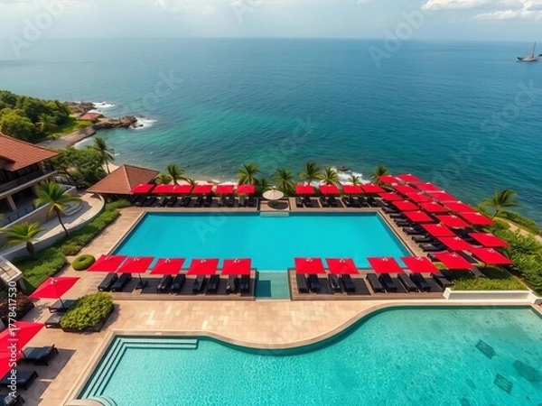 Fototapeta Aerial view of luxury beach club, pool, red umbrellas, Bali coast,  ocean, beach club