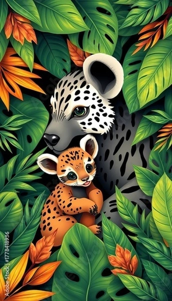 Fototapeta Adorable jungle pattern with mother and cub, framed by tropical leaves, perfect for new arrival greetings,  nursery,  pattern