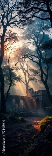 Fototapeta Ancient trees shrouded in mystical mist, forest ruins bathed in twilight sunbeams,  overgrown, enchanted forest