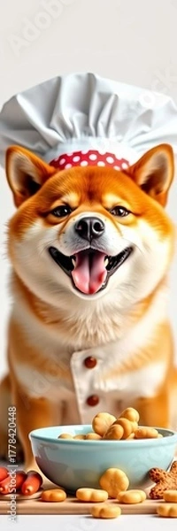 Fototapeta Adorable Shiba Inu chef hat canine ready for culinary fun, bright smile, white background, pet food, treats,  studio,  baker