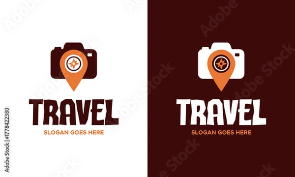Obraz Modern travel logo design with camera and location pin icon, perfect for travel agencies and photography brand.