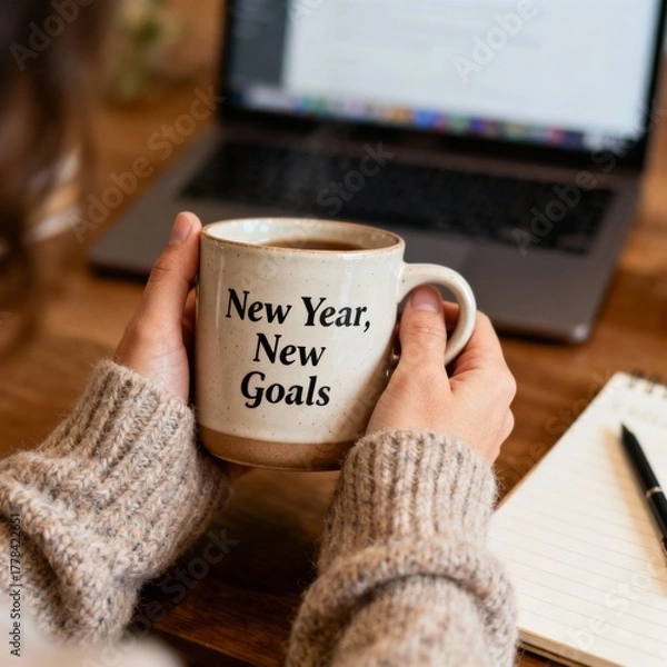 Fototapeta A cup of coffee next to a list of New Year's resolutions, with Christmas decorations. A cozy goal-setting concept.