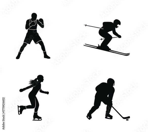 Fototapeta Dynamic winter and combat sports silhouettes showcasing boxing, skiing, ice skating, and hockey for action and fitness promotions