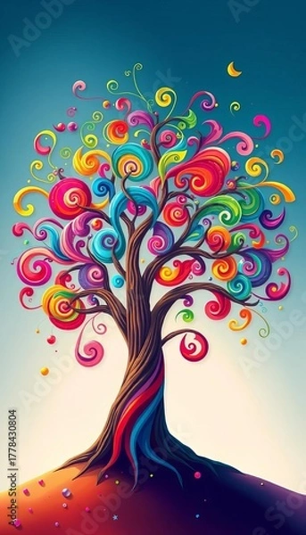 Fototapeta A whimsical tree with swirling, colorful leaves, embodying pure delight and wonder,  unique,  tree