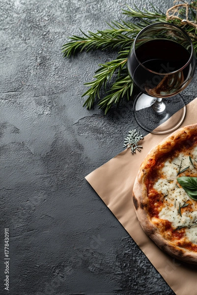 Obraz 
Top view of Margherita pizza served on craft paper, glass of wine and rosemary branches on grey textured background with space for text
