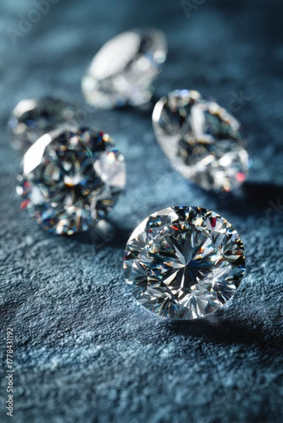 Obraz Close-up of cut diamonds on textured surface, showcasing their brilliance.