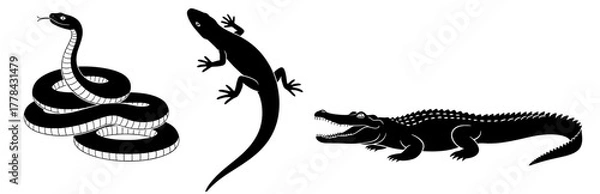 Obraz Striking collection of reptiles showcasing a coiled snake, sleek lizard, and powerful crocodile, perfect for nature enthusiasts and wildlife projects