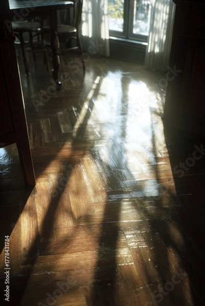 Obraz Sunlight streams across a room with wooden floors and furniture inside.