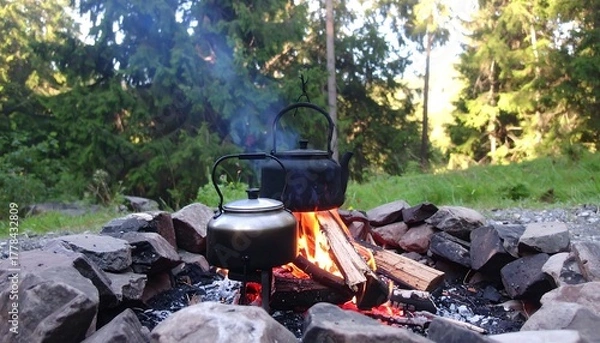 Obraz Two kettles boil over campfire flames amidst forest scenery