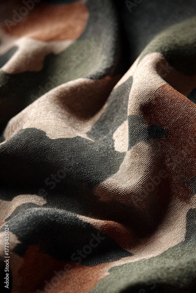 Fototapeta Close-up of camouflage fabric with earth tones, texture and depth.