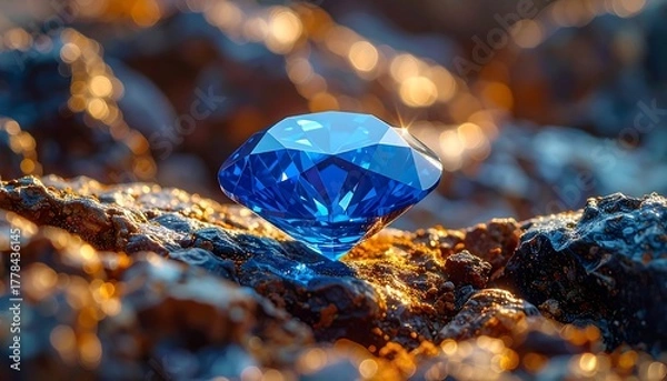 Fototapeta Sparkling blue gem rests on dark rock, sunlit