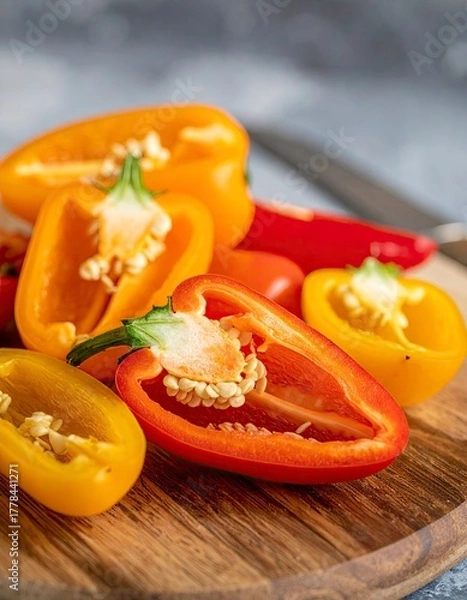 Obraz Colorful Bell Peppers on Wooden Board - Fresh and Vibrant Produce.
