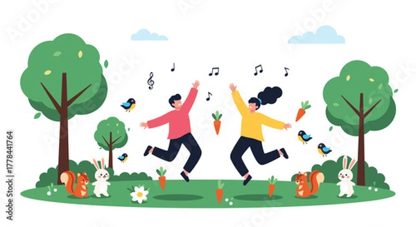 Fototapeta Happy man and woman joyfully jumping in a vibrant spring park, surrounded by playful animals, musical notes, and carrots.