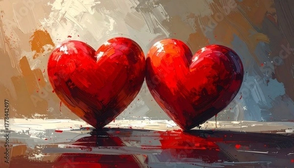 Fototapeta Two red hearts, painted style, touching, reflective surface