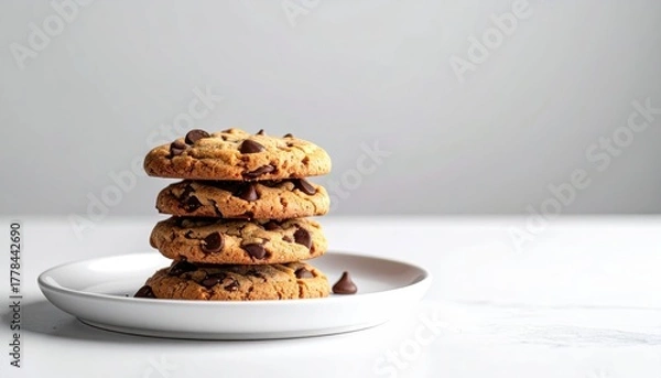Fototapeta Stack Of Four Chocolate Chip Cookies On A White Plate Against A Light Gray Background