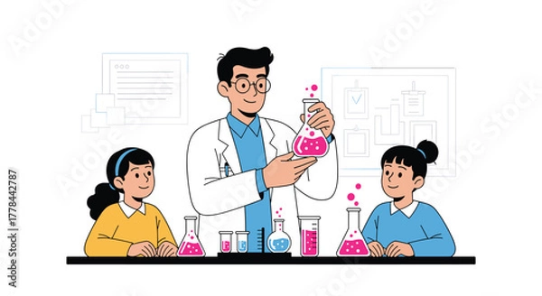 Obraz A male scientist in a lab coat demonstrates a chemistry experiment to two smiling young girls, using colorful liquids in a vibrant laboratory.