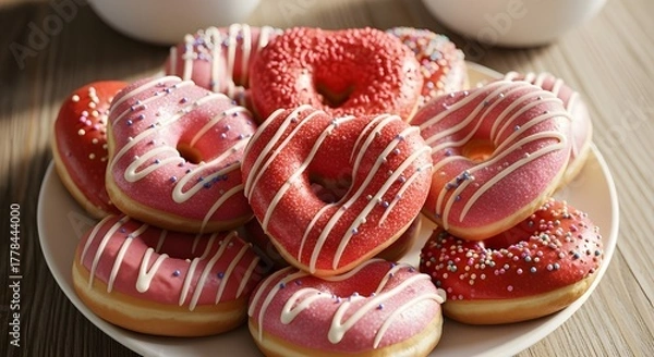 Fototapeta Heart Shaped Glazed Donuts on Wooden Table, Sweet Dessert Food Photography with Sugary Shine and Cozy Background