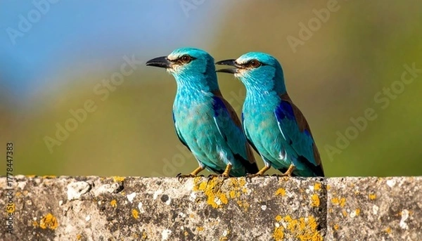 Obraz Two vibrant blue birds perched on a weathered stone wall