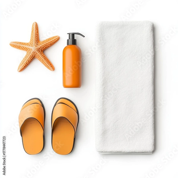 Fototapeta Bright beach shoes, sunscreen bottle, towel, and starfish create vibrant summer scene. Perfect for relaxation and fun in sun