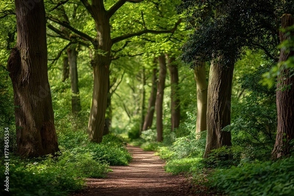 Fototapeta Pathway through Lush Green Forest with Sunlight Filtering Through Trees