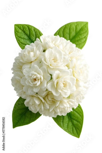Obraz White Jasmine Flower Cluster with Green Leaves Isolated