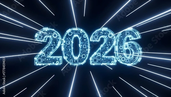 Fototapeta The year 2026 in a futuristic digital design with light speed effect